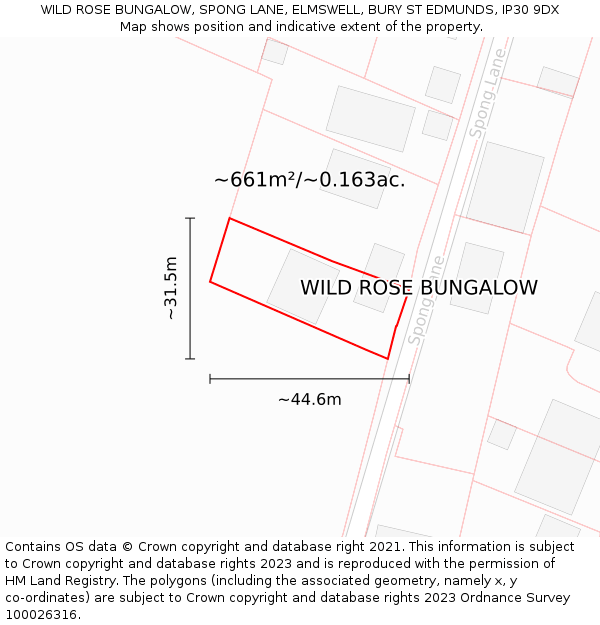 WILD ROSE BUNGALOW, SPONG LANE, ELMSWELL, BURY ST EDMUNDS, IP30 9DX: Plot and title map
