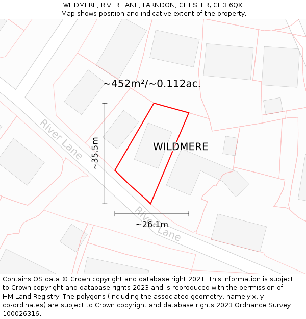 WILDMERE, RIVER LANE, FARNDON, CHESTER, CH3 6QX: Plot and title map