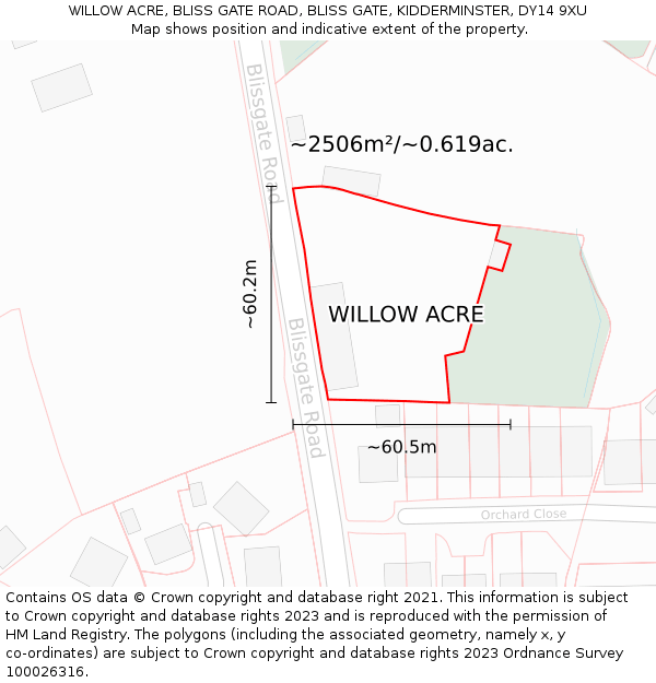 WILLOW ACRE, BLISS GATE ROAD, BLISS GATE, KIDDERMINSTER, DY14 9XU: Plot and title map