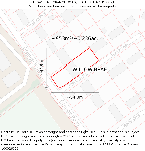 WILLOW BRAE, GRANGE ROAD, LEATHERHEAD, KT22 7JU: Plot and title map