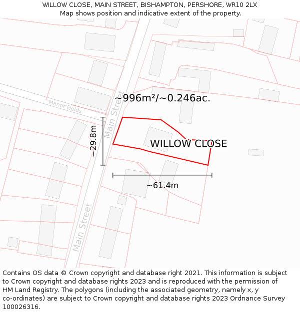 WILLOW CLOSE, MAIN STREET, BISHAMPTON, PERSHORE, WR10 2LX: Plot and title map