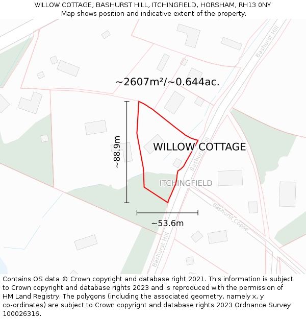 WILLOW COTTAGE, BASHURST HILL, ITCHINGFIELD, HORSHAM, RH13 0NY: Plot and title map