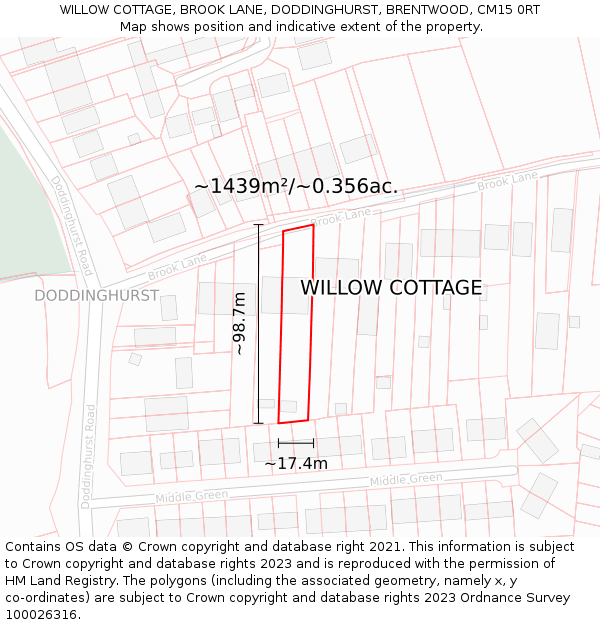 WILLOW COTTAGE, BROOK LANE, DODDINGHURST, BRENTWOOD, CM15 0RT: Plot and title map