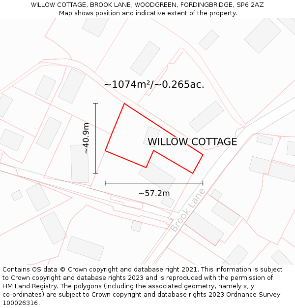 WILLOW COTTAGE, BROOK LANE, WOODGREEN, FORDINGBRIDGE, SP6 2AZ: Plot and title map