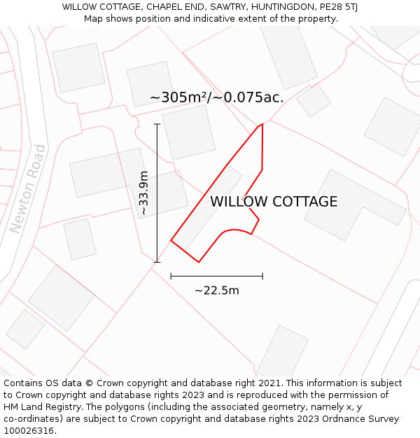 WILLOW COTTAGE, CHAPEL END, SAWTRY, HUNTINGDON, PE28 5TJ: Plot and title map