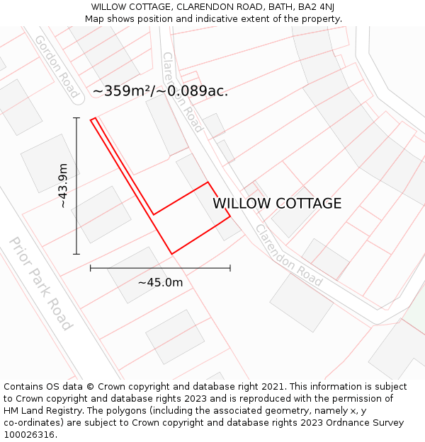 WILLOW COTTAGE, CLARENDON ROAD, BATH, BA2 4NJ: Plot and title map