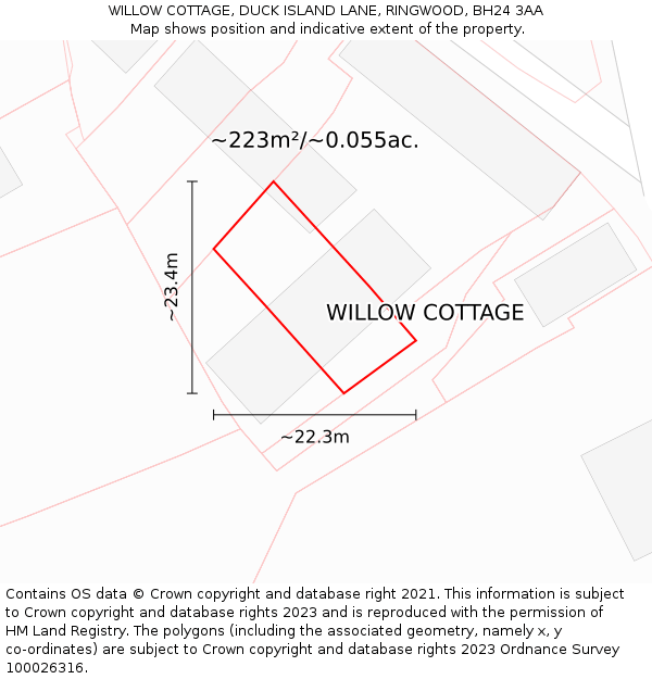 WILLOW COTTAGE, DUCK ISLAND LANE, RINGWOOD, BH24 3AA: Plot and title map