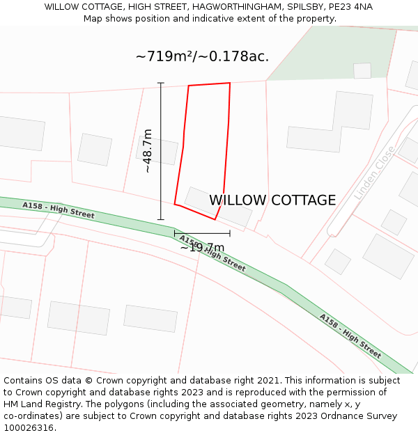 WILLOW COTTAGE, HIGH STREET, HAGWORTHINGHAM, SPILSBY, PE23 4NA: Plot and title map