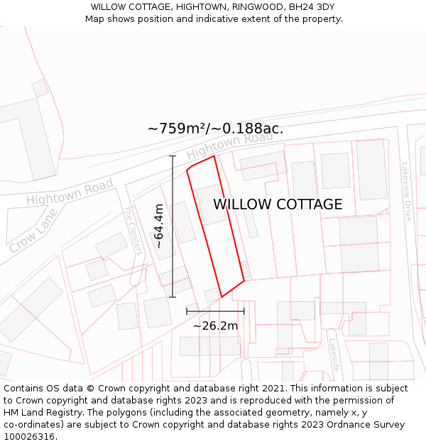 WILLOW COTTAGE, HIGHTOWN, RINGWOOD, BH24 3DY: Plot and title map