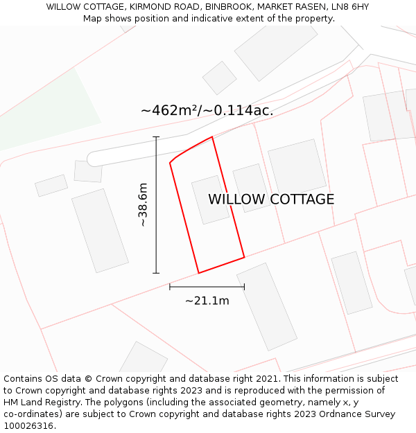 WILLOW COTTAGE, KIRMOND ROAD, BINBROOK, MARKET RASEN, LN8 6HY: Plot and title map