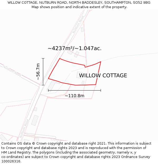 WILLOW COTTAGE, NUTBURN ROAD, NORTH BADDESLEY, SOUTHAMPTON, SO52 9BG: Plot and title map