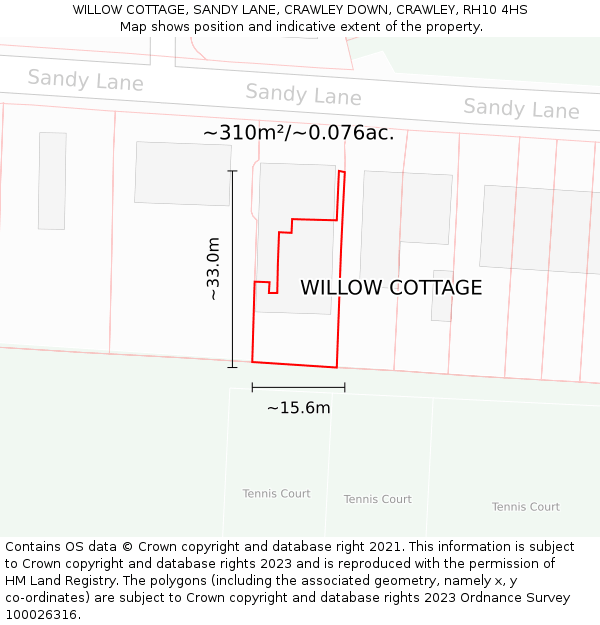 WILLOW COTTAGE, SANDY LANE, CRAWLEY DOWN, CRAWLEY, RH10 4HS: Plot and title map