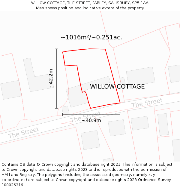 WILLOW COTTAGE, THE STREET, FARLEY, SALISBURY, SP5 1AA: Plot and title map
