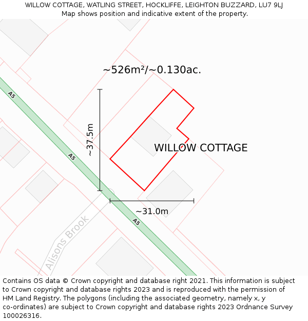 WILLOW COTTAGE, WATLING STREET, HOCKLIFFE, LEIGHTON BUZZARD, LU7 9LJ: Plot and title map