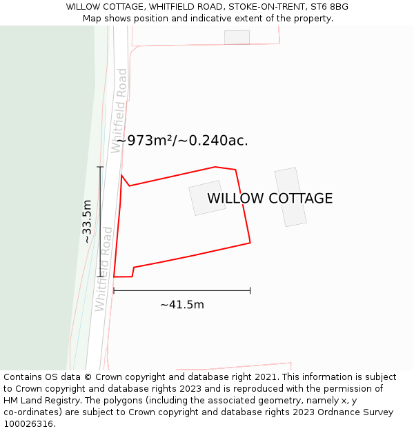 WILLOW COTTAGE, WHITFIELD ROAD, STOKE-ON-TRENT, ST6 8BG: Plot and title map