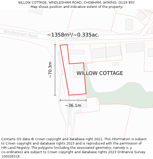 WILLOW COTTAGE, WINDLESHAM ROAD, CHOBHAM, WOKING, GU24 8SY: Plot and title map