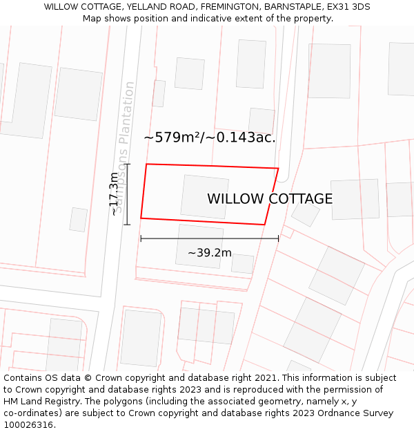 WILLOW COTTAGE, YELLAND ROAD, FREMINGTON, BARNSTAPLE, EX31 3DS: Plot and title map