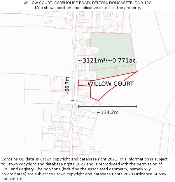 WILLOW COURT, CARRHOUSE ROAD, BELTON, DONCASTER, DN9 1PG: Plot and title map