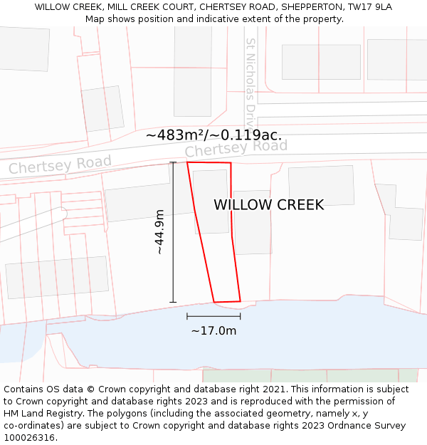 WILLOW CREEK, MILL CREEK COURT, CHERTSEY ROAD, SHEPPERTON, TW17 9LA: Plot and title map