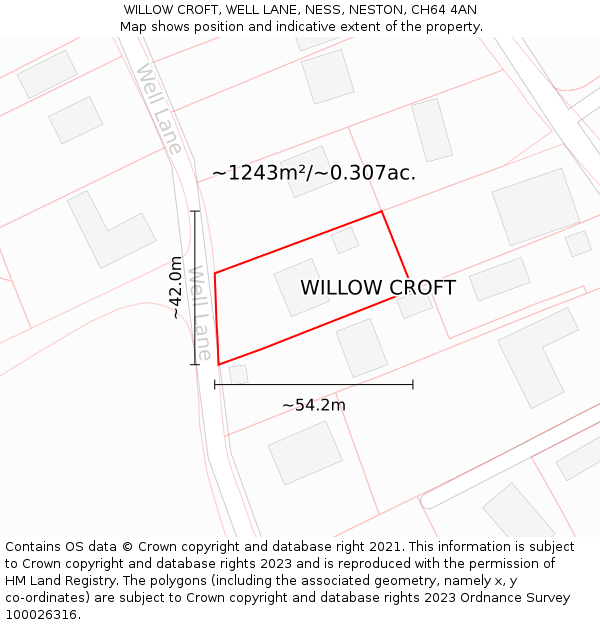 WILLOW CROFT, WELL LANE, NESS, NESTON, CH64 4AN: Plot and title map
