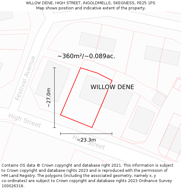 WILLOW DENE, HIGH STREET, INGOLDMELLS, SKEGNESS, PE25 1PS: Plot and title map