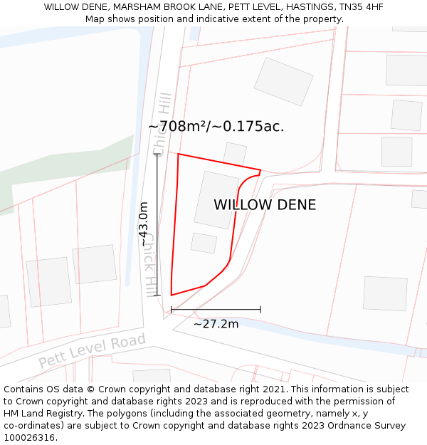 WILLOW DENE, MARSHAM BROOK LANE, PETT LEVEL, HASTINGS, TN35 4HF: Plot and title map