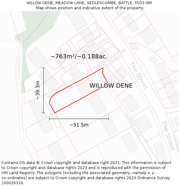 WILLOW DENE, MEADOW LANE, SEDLESCOMBE, BATTLE, TN33 0RF: Plot and title map