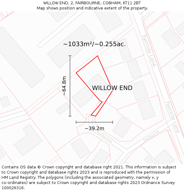 WILLOW END, 2, FAIRBOURNE, COBHAM, KT11 2BT: Plot and title map