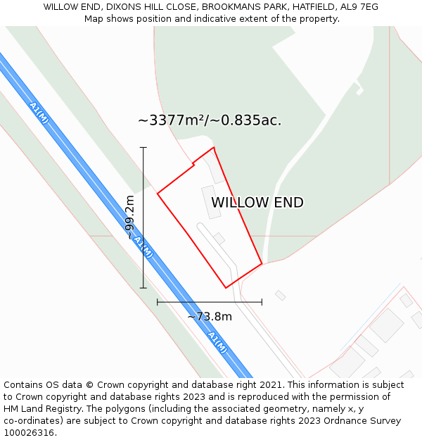 WILLOW END, DIXONS HILL CLOSE, BROOKMANS PARK, HATFIELD, AL9 7EG: Plot and title map