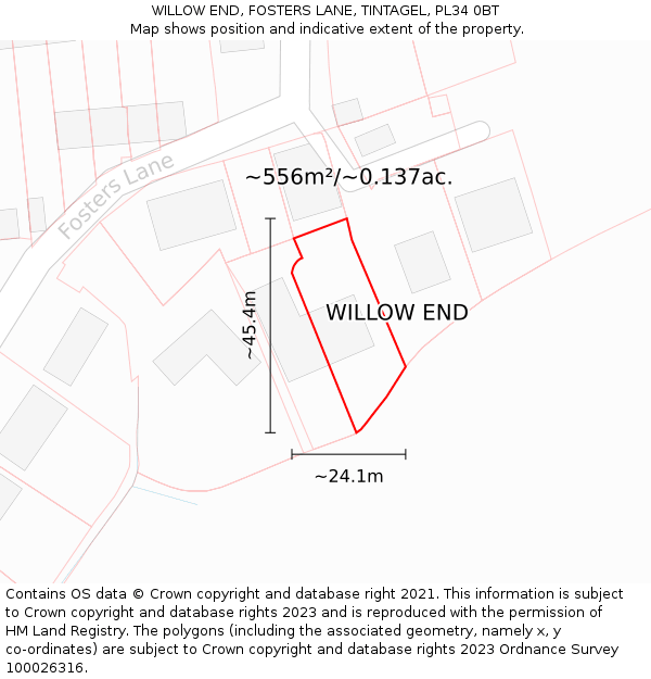 WILLOW END, FOSTERS LANE, TINTAGEL, PL34 0BT: Plot and title map