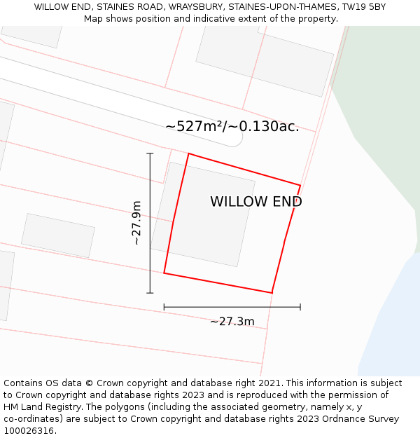 WILLOW END, STAINES ROAD, WRAYSBURY, STAINES-UPON-THAMES, TW19 5BY: Plot and title map