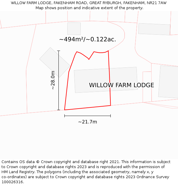 WILLOW FARM LODGE, FAKENHAM ROAD, GREAT RYBURGH, FAKENHAM, NR21 7AW: Plot and title map