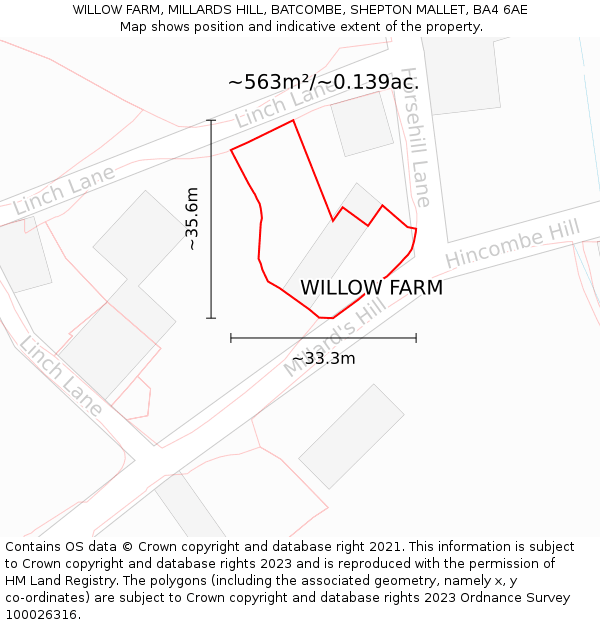 WILLOW FARM, MILLARDS HILL, BATCOMBE, SHEPTON MALLET, BA4 6AE: Plot and title map