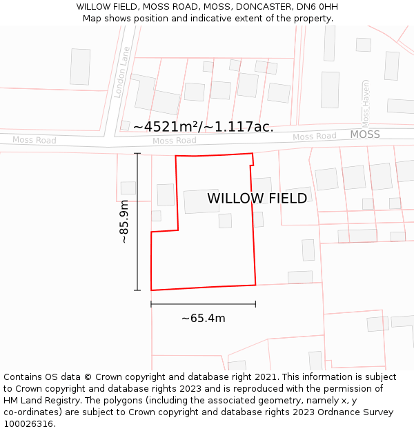 WILLOW FIELD, MOSS ROAD, MOSS, DONCASTER, DN6 0HH: Plot and title map