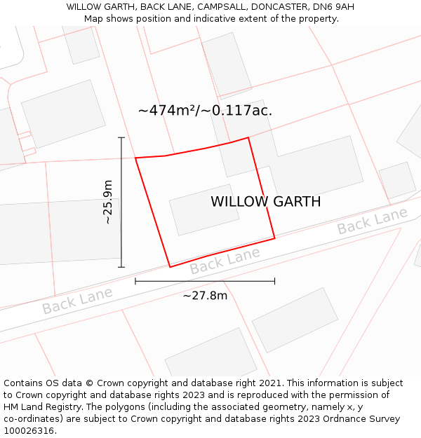 WILLOW GARTH, BACK LANE, CAMPSALL, DONCASTER, DN6 9AH: Plot and title map