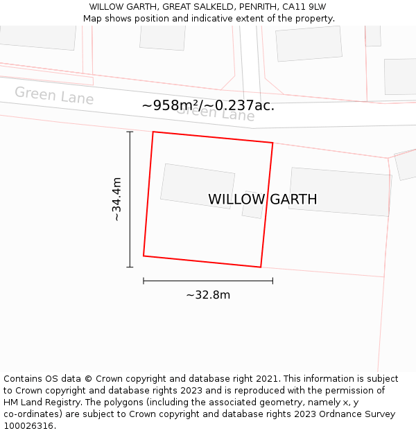 WILLOW GARTH, GREAT SALKELD, PENRITH, CA11 9LW: Plot and title map