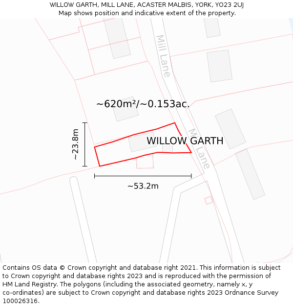WILLOW GARTH, MILL LANE, ACASTER MALBIS, YORK, YO23 2UJ: Plot and title map