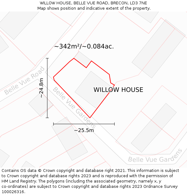 WILLOW HOUSE, BELLE VUE ROAD, BRECON, LD3 7NE: Plot and title map
