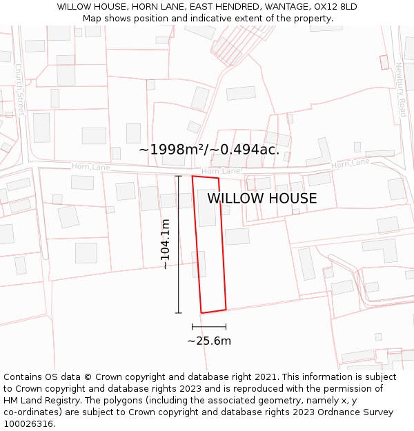 WILLOW HOUSE, HORN LANE, EAST HENDRED, WANTAGE, OX12 8LD: Plot and title map