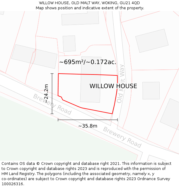 WILLOW HOUSE, OLD MALT WAY, WOKING, GU21 4QD: Plot and title map
