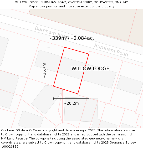 WILLOW LODGE, BURNHAM ROAD, OWSTON FERRY, DONCASTER, DN9 1AY: Plot and title map