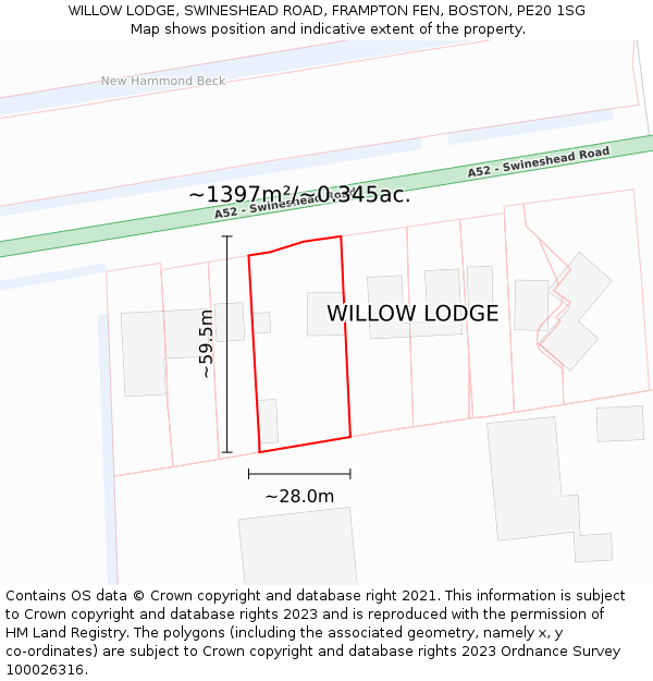 WILLOW LODGE, SWINESHEAD ROAD, FRAMPTON FEN, BOSTON, PE20 1SG: Plot and title map