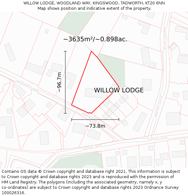WILLOW LODGE, WOODLAND WAY, KINGSWOOD, TADWORTH, KT20 6NN: Plot and title map