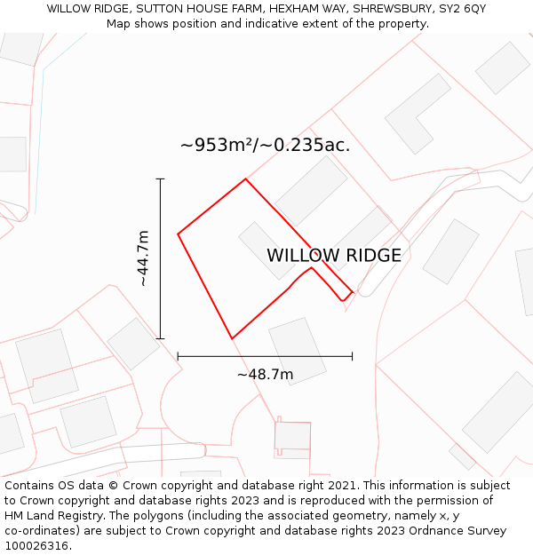 WILLOW RIDGE, SUTTON HOUSE FARM, HEXHAM WAY, SHREWSBURY, SY2 6QY: Plot and title map
