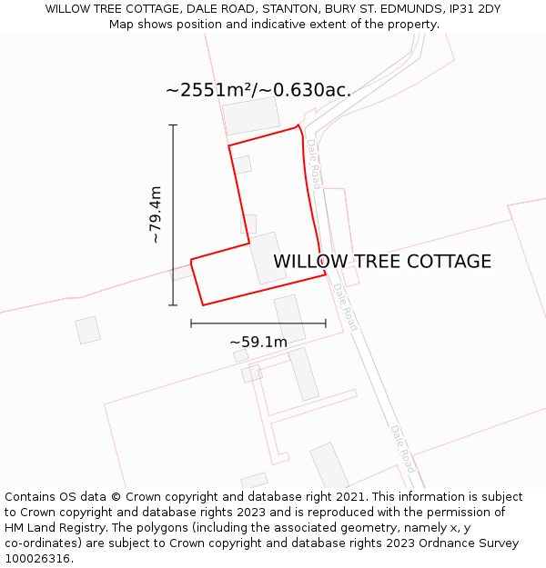 WILLOW TREE COTTAGE, DALE ROAD, STANTON, BURY ST EDMUNDS, IP31 2DY: Plot and title map