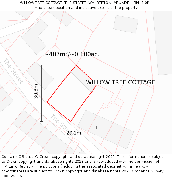 WILLOW TREE COTTAGE, THE STREET, WALBERTON, ARUNDEL, BN18 0PH: Plot and title map