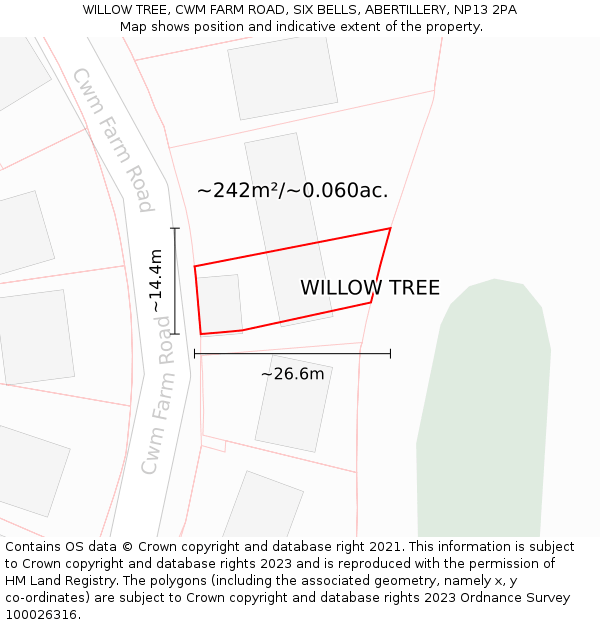 WILLOW TREE, CWM FARM ROAD, SIX BELLS, ABERTILLERY, NP13 2PA: Plot and title map