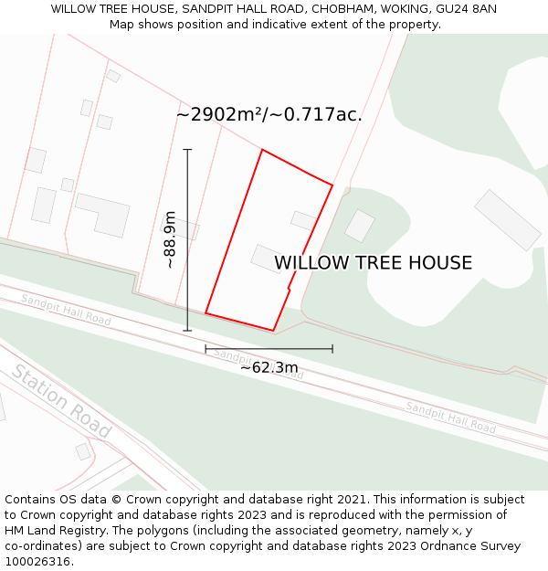 WILLOW TREE HOUSE, SANDPIT HALL ROAD, CHOBHAM, WOKING, GU24 8AN: Plot and title map