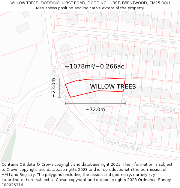 WILLOW TREES, DODDINGHURST ROAD, DODDINGHURST, BRENTWOOD, CM15 0QU: Plot and title map