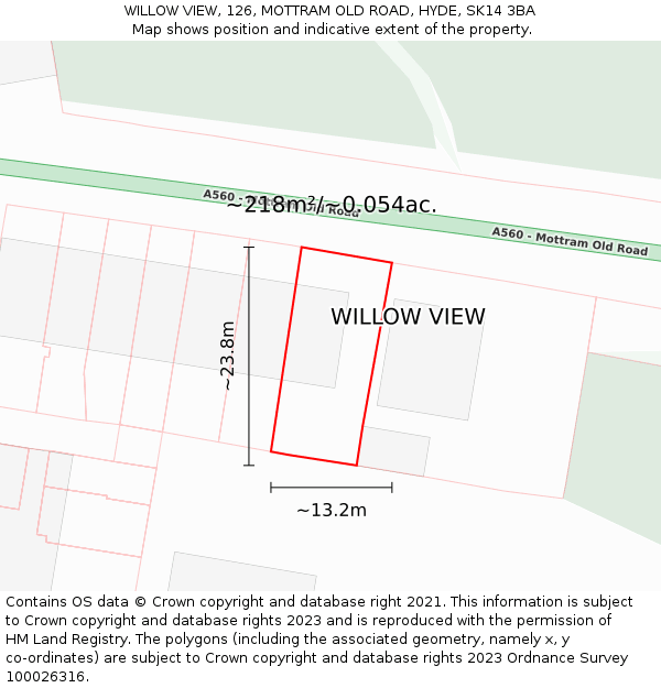 WILLOW VIEW, 126, MOTTRAM OLD ROAD, HYDE, SK14 3BA: Plot and title map